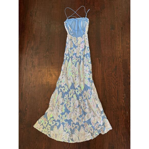 Vintage B. Darlin Blue White Open Back Sparkly Fairy Maxi Gown Size 0 - Picture 2 of 8